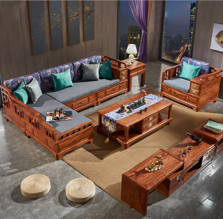 刺猬紫檀)新中式贵妃箱体储物实木沙发中小户型客厅组合套装转角沙发