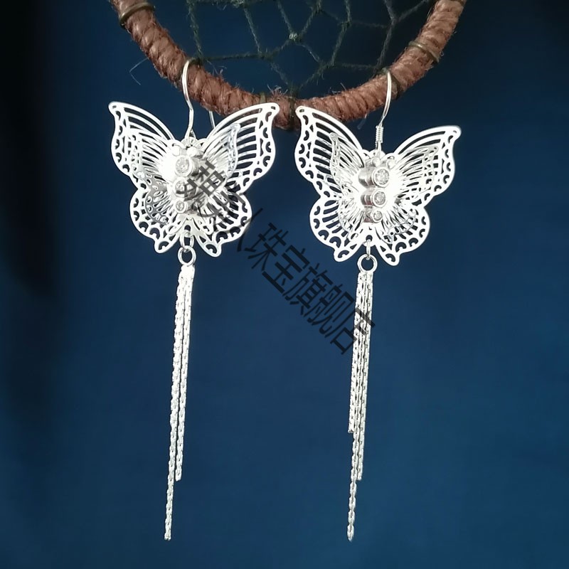 日日缘足银耳环 手工花丝凤凰孔雀耳坠蝴蝶耳吊足银步摇耳环个性民族