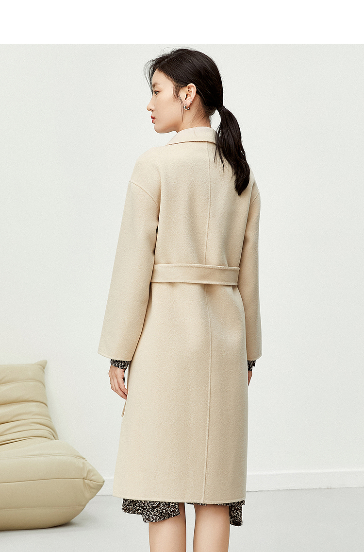 尚都比拉温暖加厚100%绵羊毛中长款驼色双面呢大衣外套女 米杏色 m