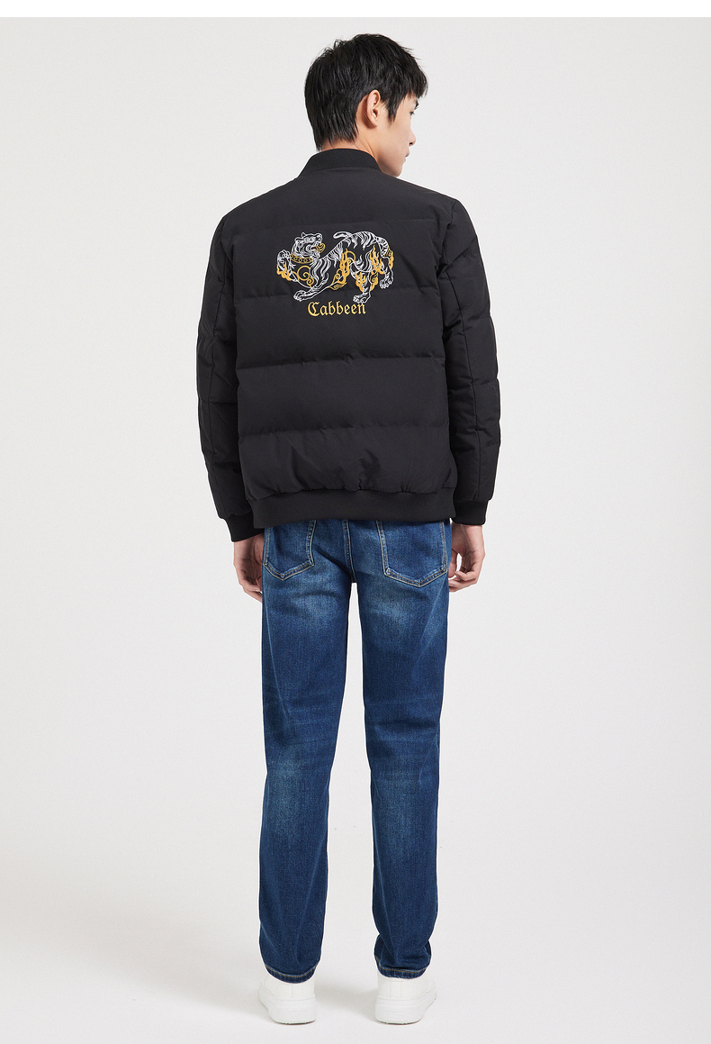 cabbeen卡宾男装休闲黑色羽绒服男男士外套2021冬新款潮流老虎金线