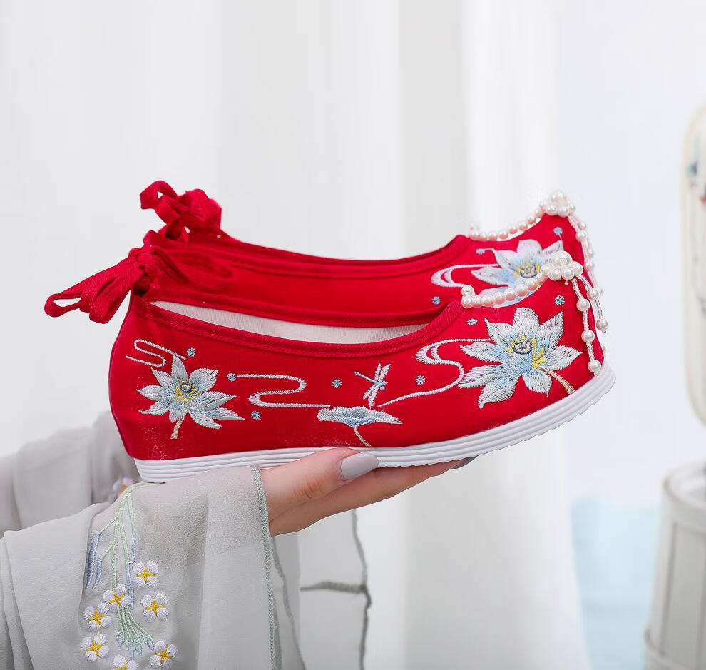 卡辑 汉服鞋子女古风内增高荷花绣花布鞋单鞋棉鞋少女鞋翘头弓鞋绑带