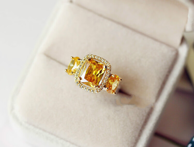 戒指女黄水晶方形切割黄钻时尚气质钻戒黄水晶宝石戒指女个性夸张宴会