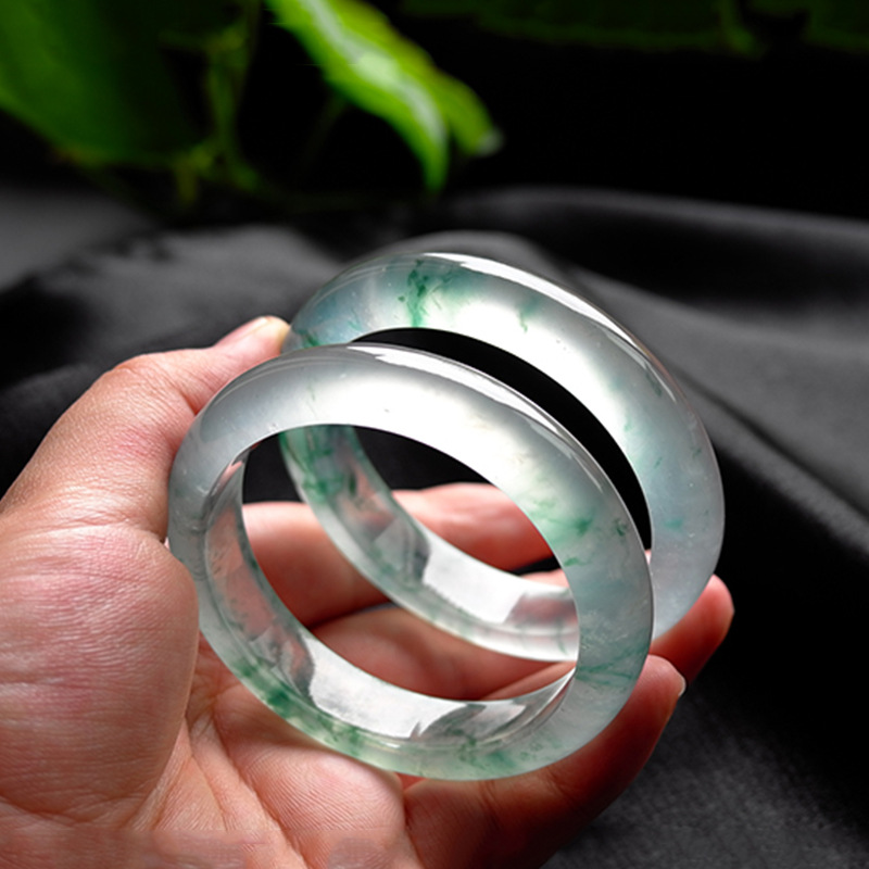 冰种飘花翡翠手镯玉手镯天然翡翠冰种手镯缅甸女玉镯子细圆条图片色