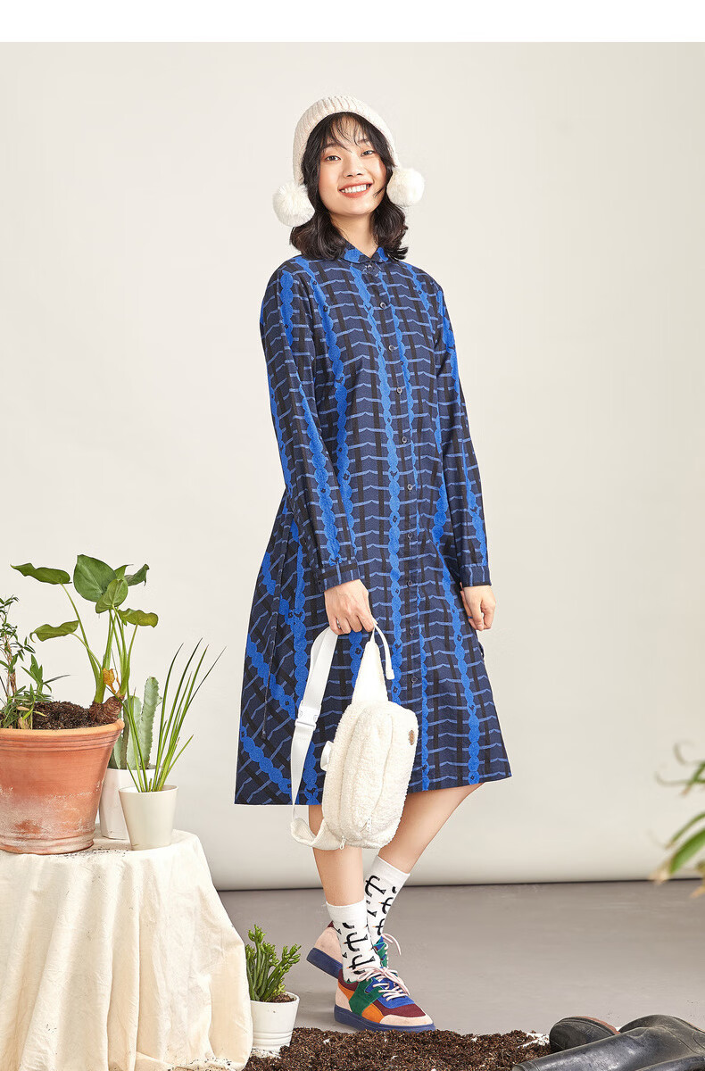 飞鸟和新酒女装冬装新品纯棉宽松印花连衣裙 本白pa02 150/76a/xs