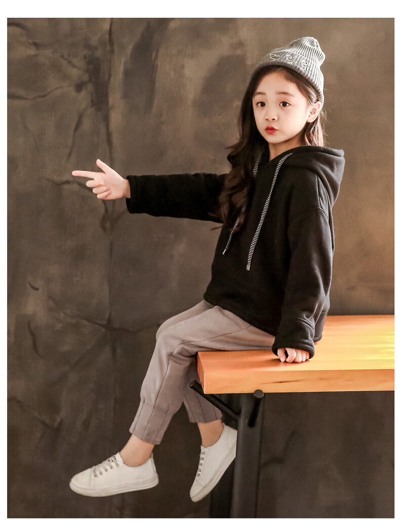 迪士尼 女童网红套装洋气冬装儿童加绒卫衣两件套新款小孩休闲运动装