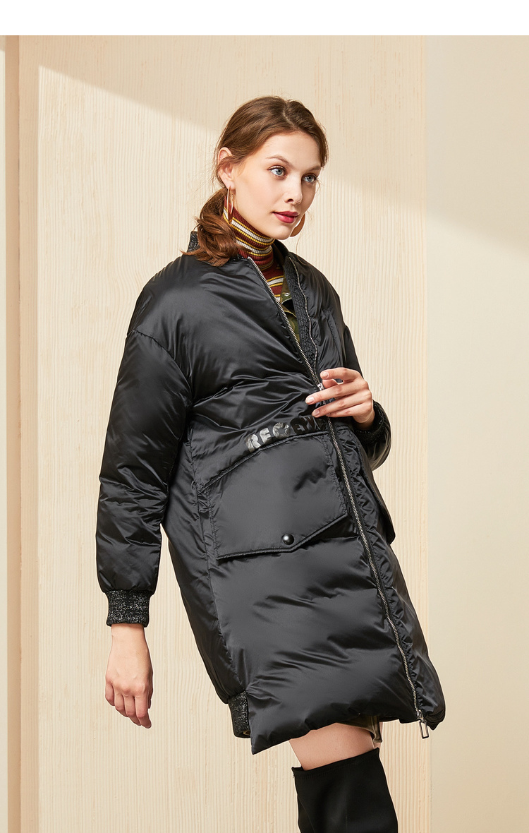 艾莱依冬季新款韩版时尚亮面宽松羽绒服女中长款601801014 炭黑 165