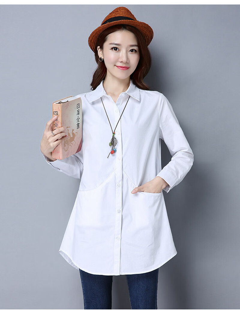 衣服春秋款休闲宽松衬衣中长款外穿中年人少妇女装纯棉布百搭长袖衬衫