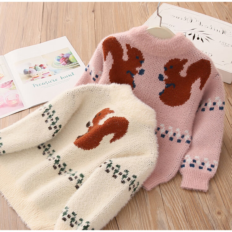 贝壳元素宝宝松鼠毛衣 秋冬装新款女童童装儿童套头针织衫my1566 粉色
