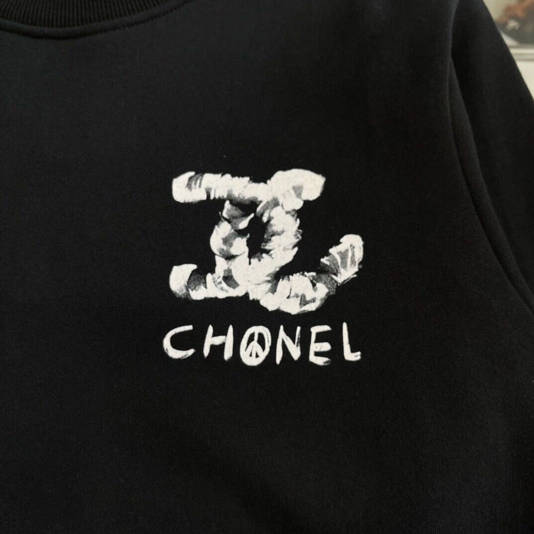 同款2022秋冬新款小香风水墨双c情侣logo香奈儿字母卫衣男女同款 白色