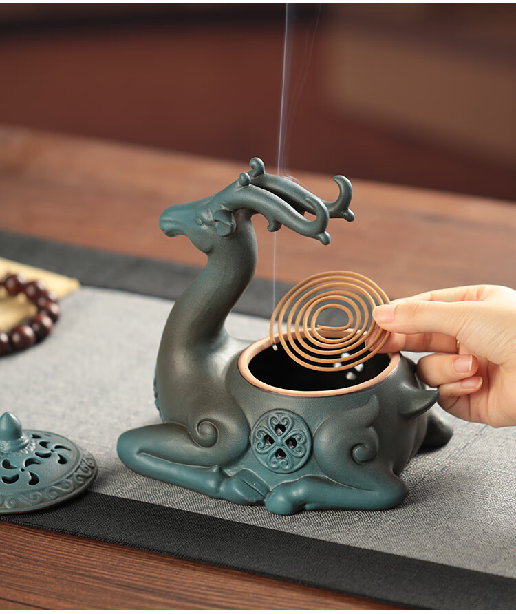 祥鹿创意陶瓷香薰炉家用室内盘香炉檀香现代中式茶道摆件大号沉香熏