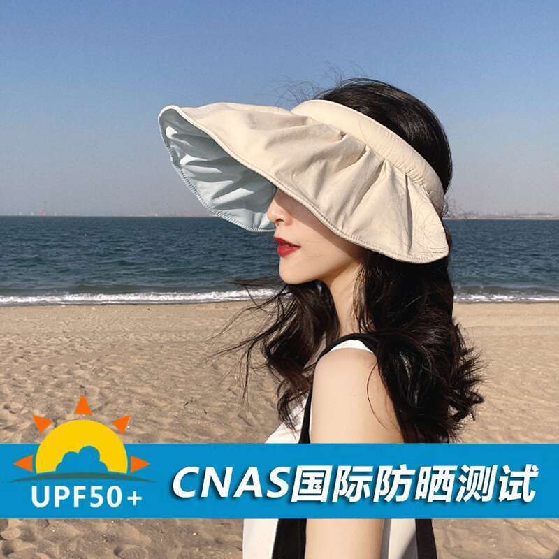 高档太阳帽女夏天防紫外线遮阳帽新款发箍防晒帽子空顶洋气贝壳帽米色