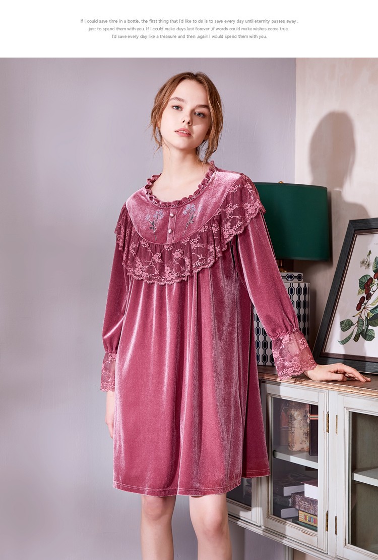 美标真丝丝绒睡裙女春秋新款长袖桑蚕丝睡衣公主风甜美家居服豆沙色l1