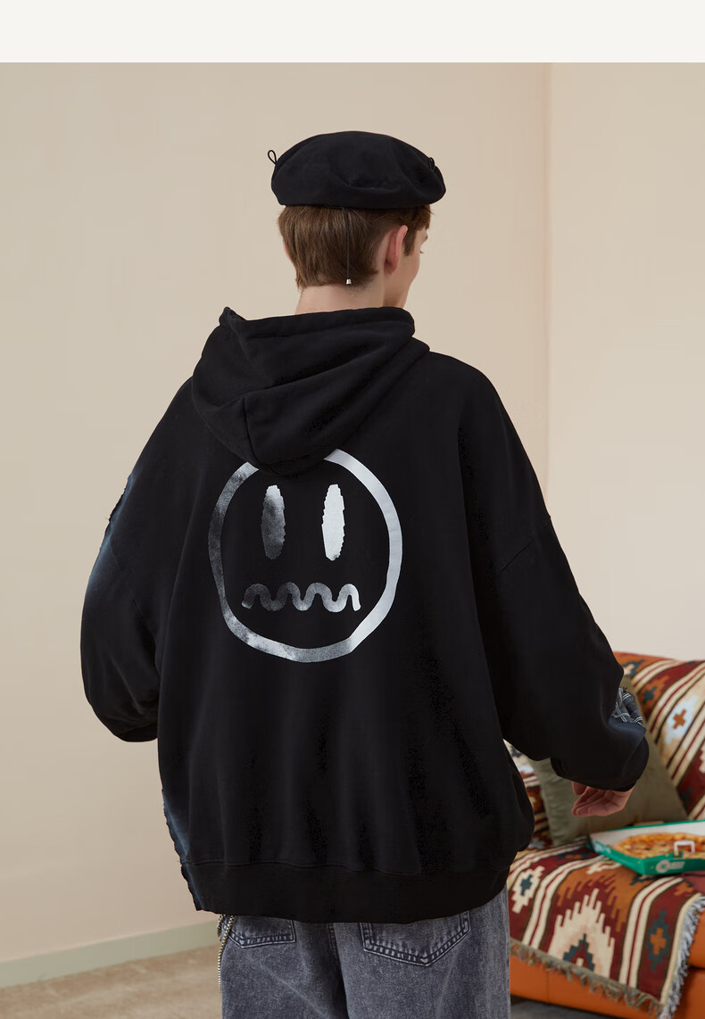 beaster小恶魔鬼脸火烧破洞拼接格纹卫衣叠穿落肩男友风宽松上衣黑色s