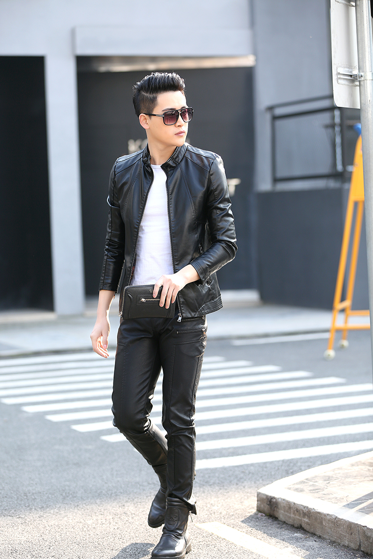 木子彤秋冬立领机车皮衣皮裤套装男短款修身休闲外套薄韩版潮男士皮