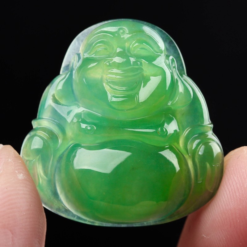 儒香阁缅甸翡翠满绿大佛公吊坠冰种阳绿帝王绿天然弥勒佛玉坠巴山料