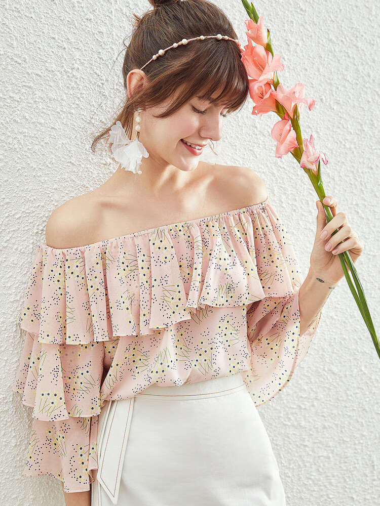 衣香丽影夏装宽松碎花雪纺衫女很仙的短袖一字肩上衣洋气 白色花料 l