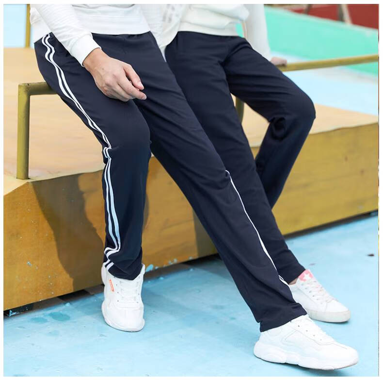 校服中学生校服裤子男女高中学生两条杠藏蓝色夏季运动双杠白边初中校