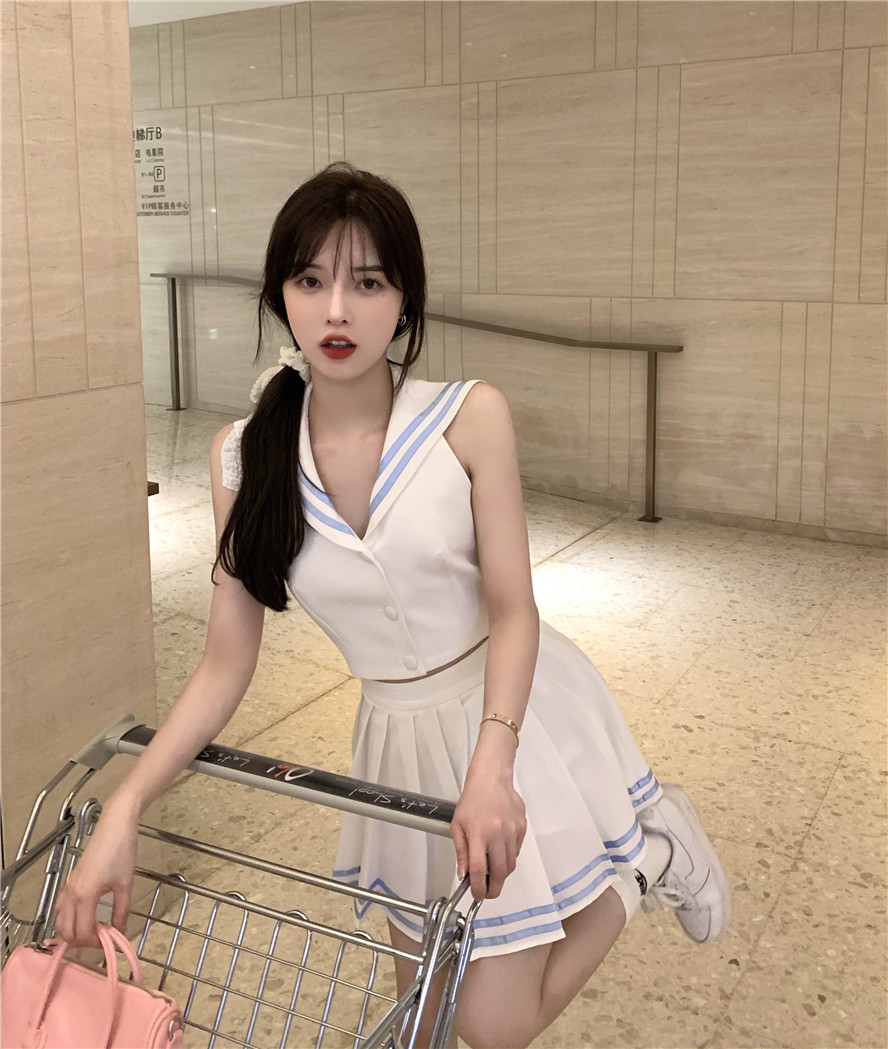 商场同款lrtl轻奢性感露背海军领衬衣jk制服套装女夏季学院风高腰百褶