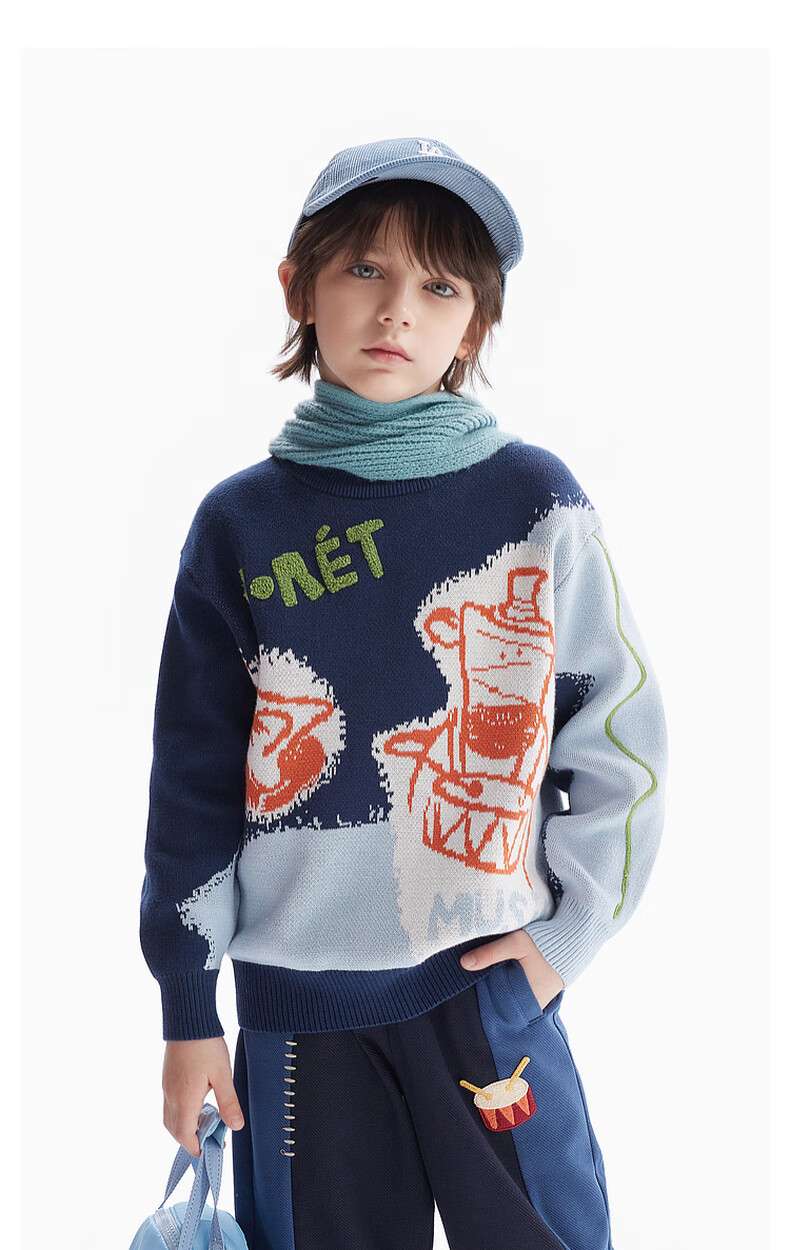 MQD [Designer Series] Boys' Crew Neck Sweater, Spring And Autumn Style Children's Knitwear, Navy Blue, Size 160 5