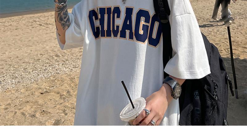 t恤男小众别致欧美潮牌ins潮流纯棉中袖衣服夏季美式街头宽松 chicago