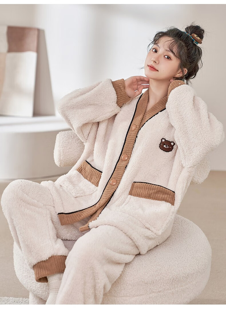 高档日式可爱小熊珊瑚绒情侣睡衣秋冬季加厚加绒卡通法兰绒男女家居服