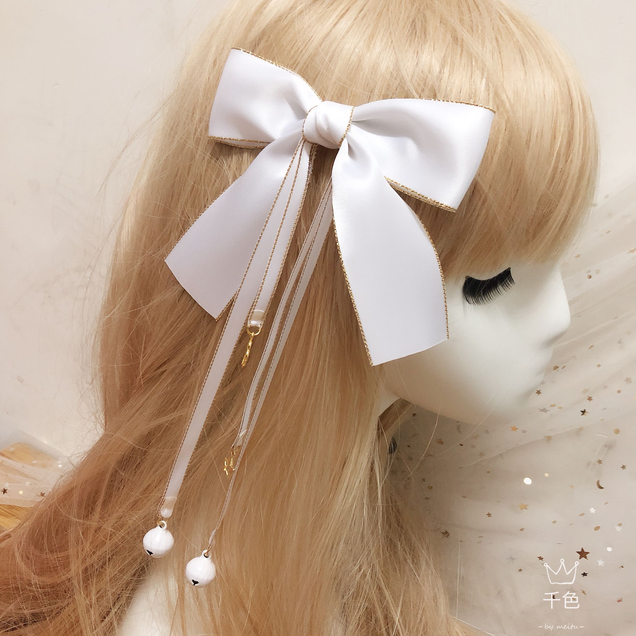 diy发饰洛丽塔lolita手工蝴蝶结头饰边夹铃铛星星发卡领结浅蓝色边夹