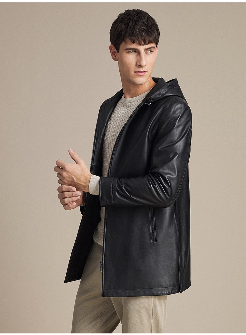 男装 真皮皮衣 金利来(goldlion) 金利来男装中长款连帽绵羊皮皮衣