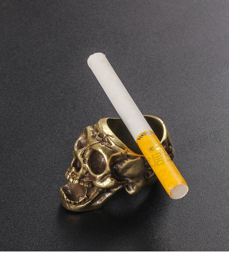 夹烟器戒指烟托创意个性骷髅头指环戒指男士便携雪茄烟托支架 金色