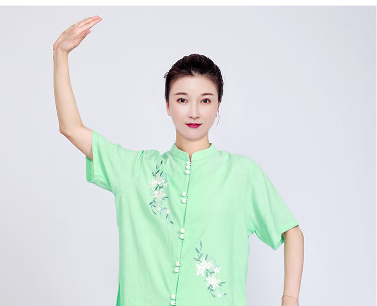红棉太极晨练服 小和山太极服装女新款洋气亚麻棉麻太极拳练功服短袖
