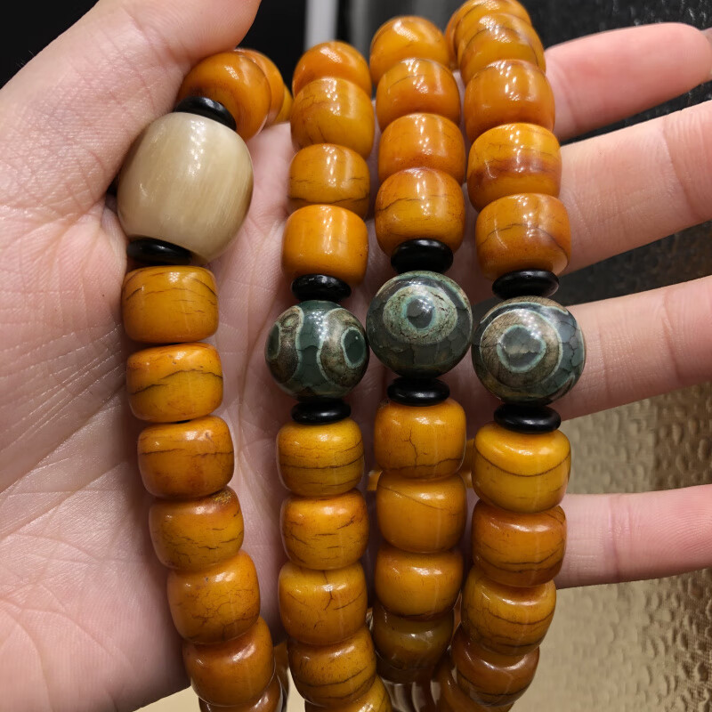 西藏风化老料牦牛骨手串藏式108颗牦牛角手把件脖挂佛珠念珠配饰 12*