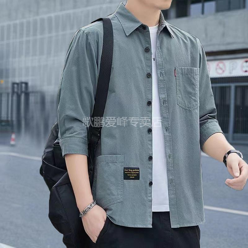 法式工装男套装夏季潮流百搭休闲夏季短袖衬衫男士宽松工装七分袖衬衣