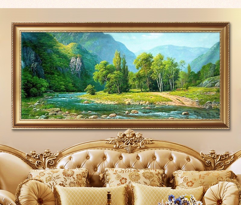 室聚宝盆靠山水图现代欧式古典美式风景纯手绘工别墅墙壁画横幅可定制
