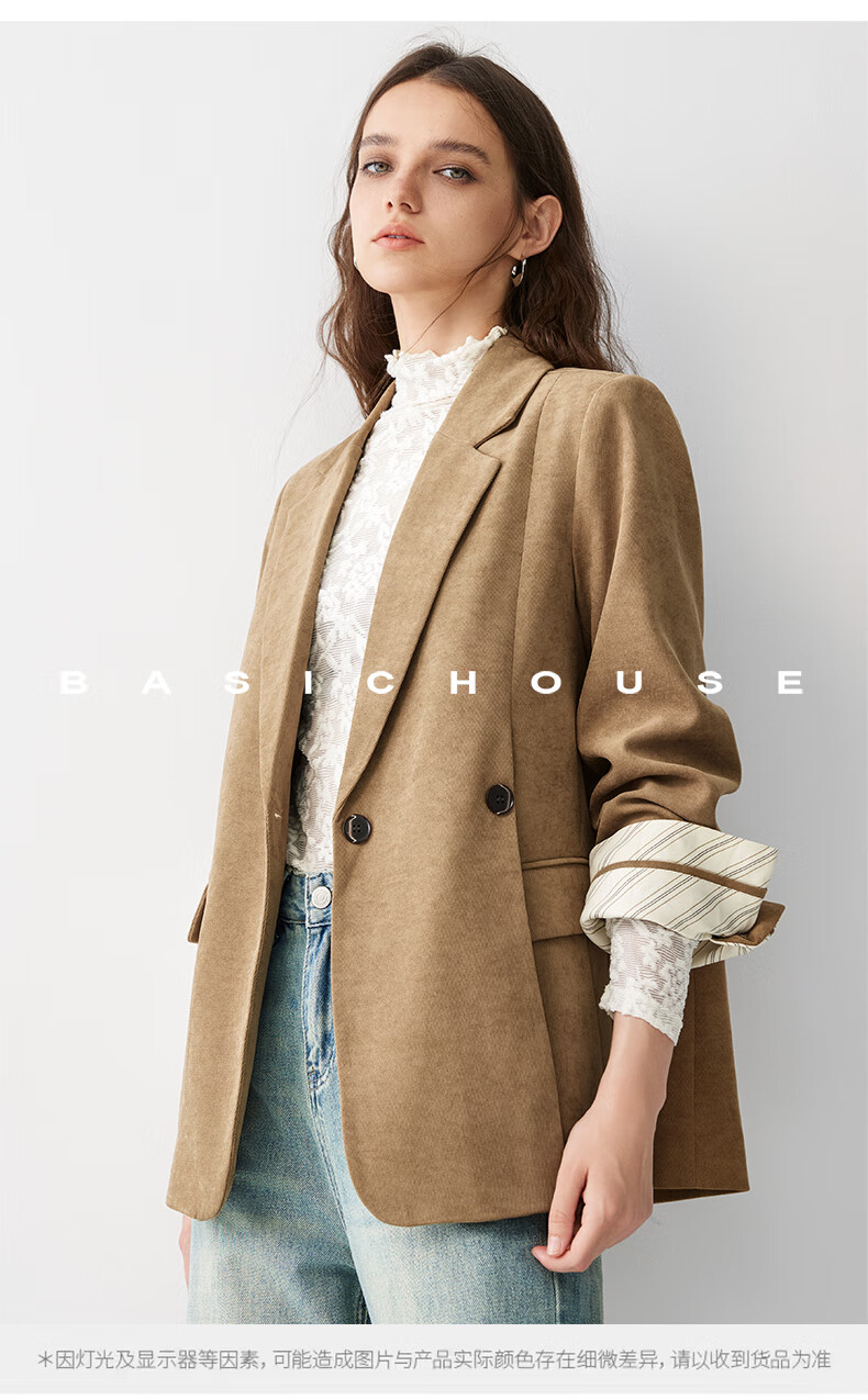 BASIC HOUSE/百家好休闲风秋季2024拉德潮流卡其色宽松气质小西装外套女2024秋季美拉德潮流小西服女O 卡其色 M详情图片20