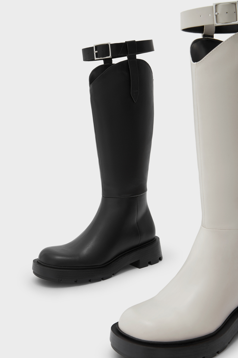 charles&keith21秋新品ck1-90920093女士金属扣带饰厚底骑士靴 粉白色