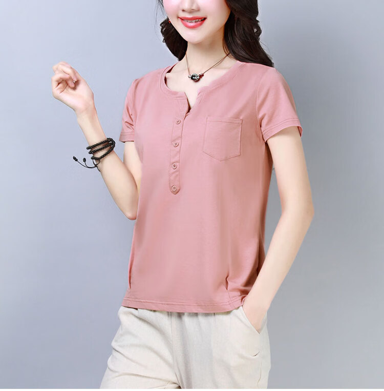 女装韩版韩版宽松纯色体恤小衫中年女士妈妈30-40岁夏天半袖打底衫女