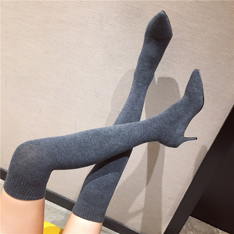 高跟鞋女细跟尖头百搭袜子靴长筒靴针织连袜过膝弹力长靴-定制 黑色