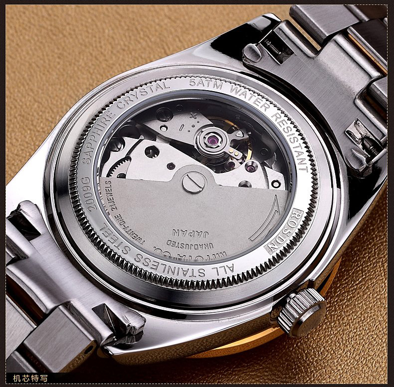 劳士顿手表男自动机械时尚钢带商务镶钻情侣表日志型金色腕表休闲商务