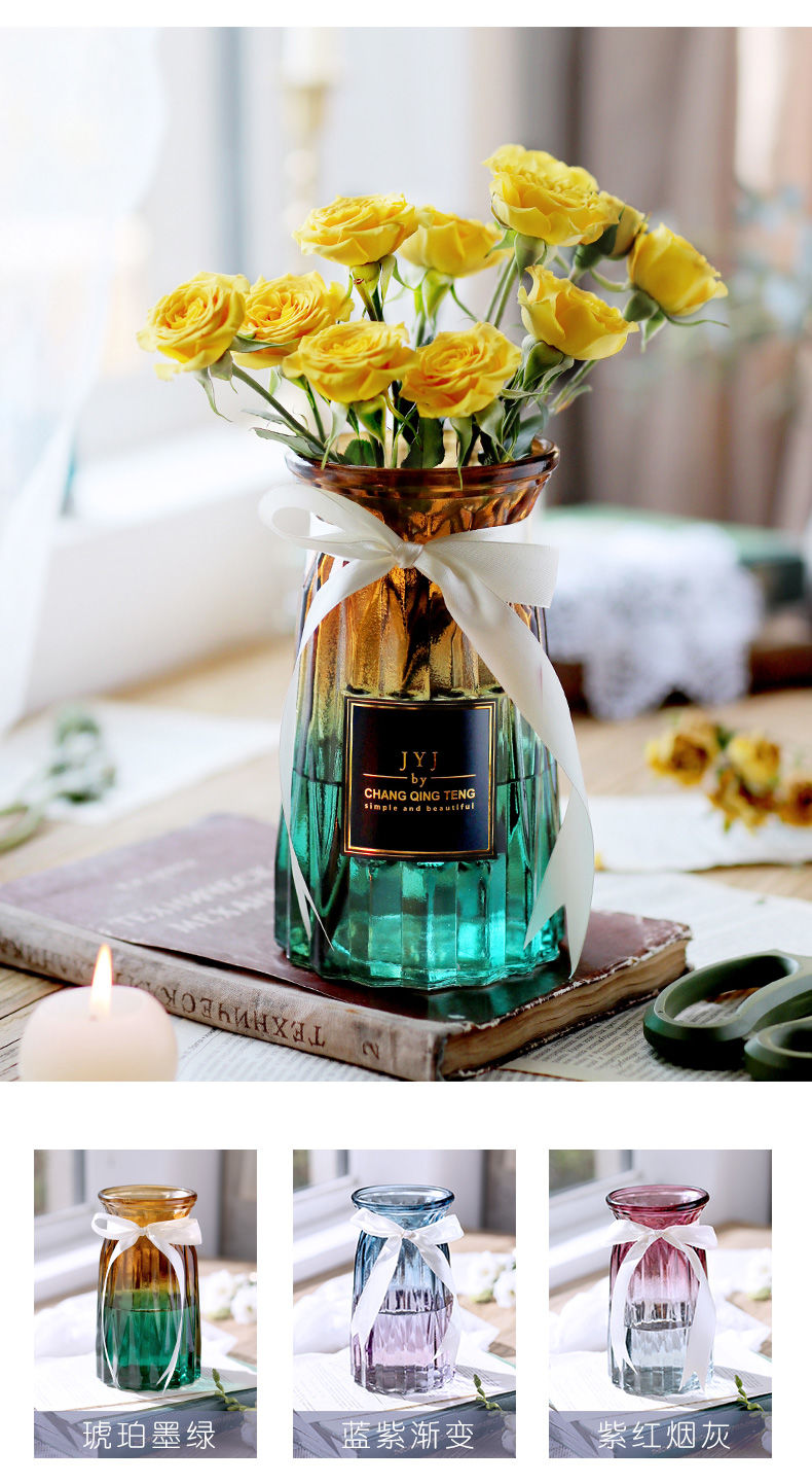 欧式玻璃花瓶彩色透明干花插花玻璃瓶客厅装饰摆件水培富贵竹花器渐变