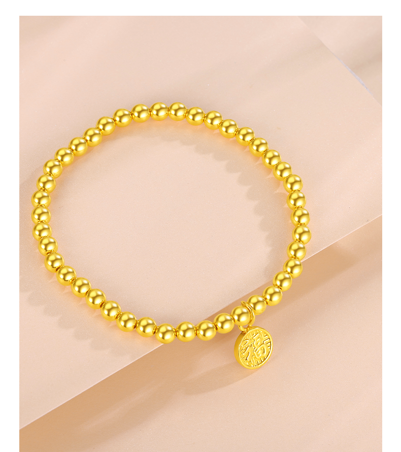 福韵瑞福字黄金手链女足金999传承手镯金豆金珠福牌手串告白礼物约25g