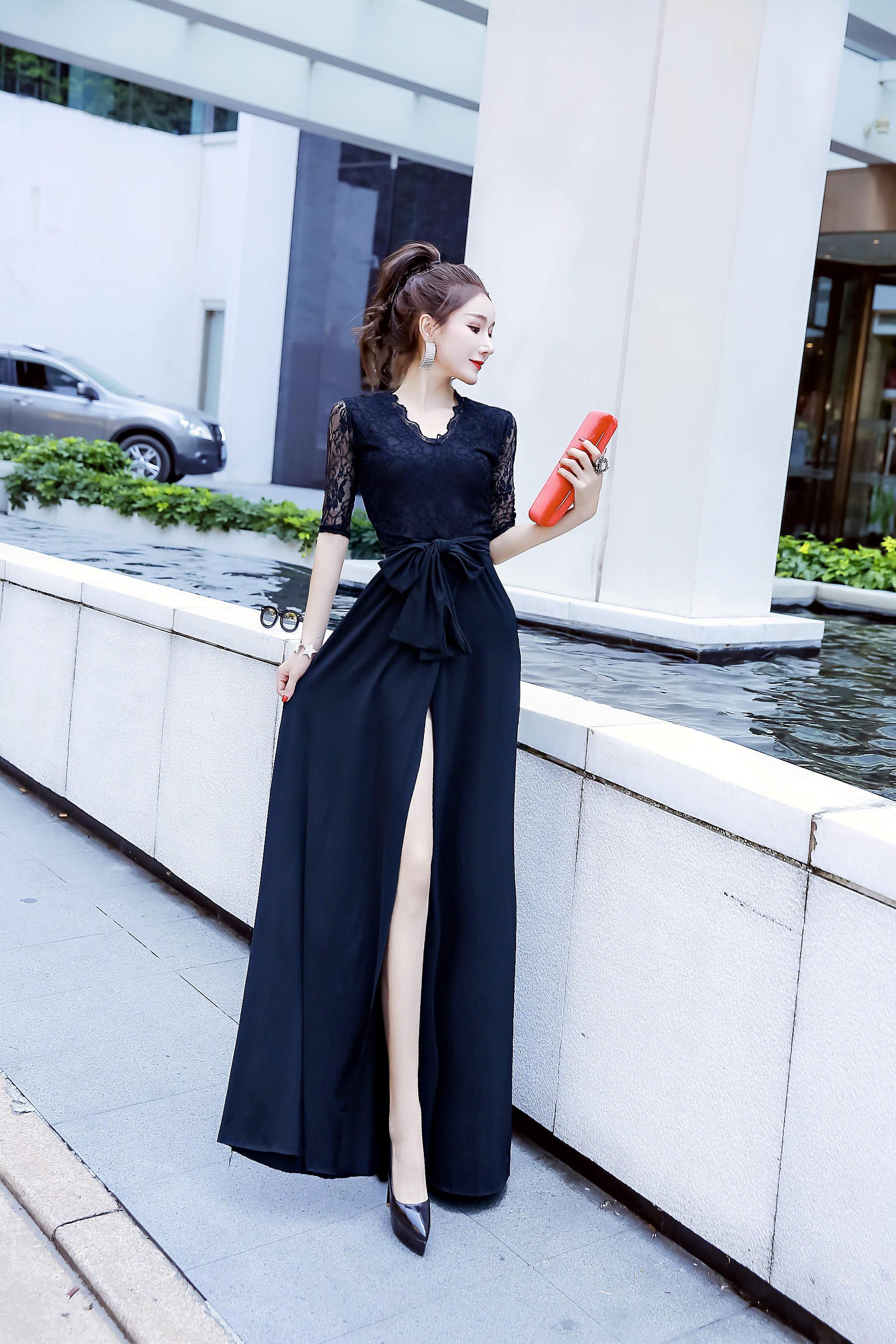 柳系女装秋性感v领蕾丝蕾丝拖地长裙连衣裙开叉礼服气质工服 卡其色 l