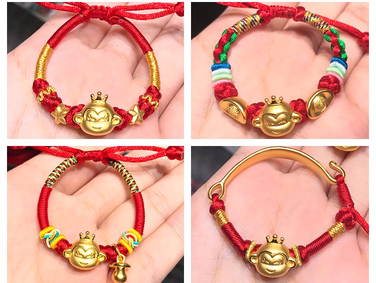 老凤凰3d硬黄金宝宝手链足金生肖皇冠猴小猴子周岁礼物婴儿手串 皇冠