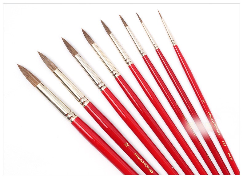 韩国华虹hwahong画笔797牛耳毛貂毛混合圆头水彩笔长杆绘画水粉水彩