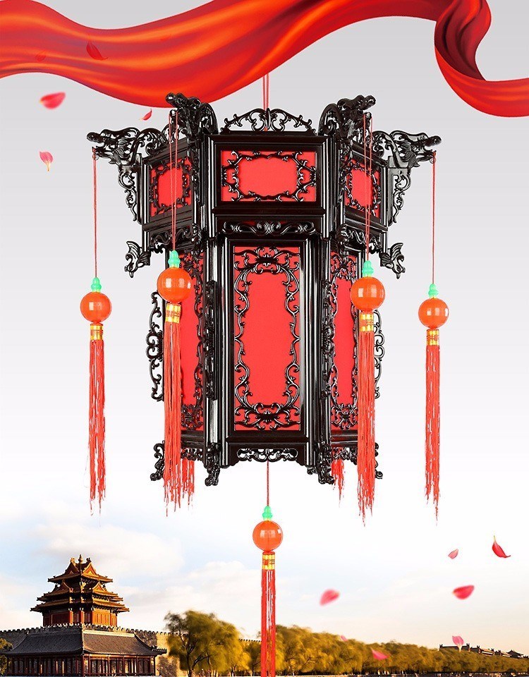 仿古灯笼复古旋转中式灯笼结典春节大红灯笼k28 55两层山水(2个装)