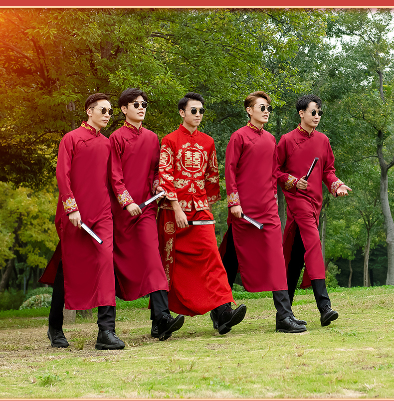 伴郎服中式创意中国风唐装中式婚礼伴郎服伴娘服唐装马褂结婚伴郎兄弟