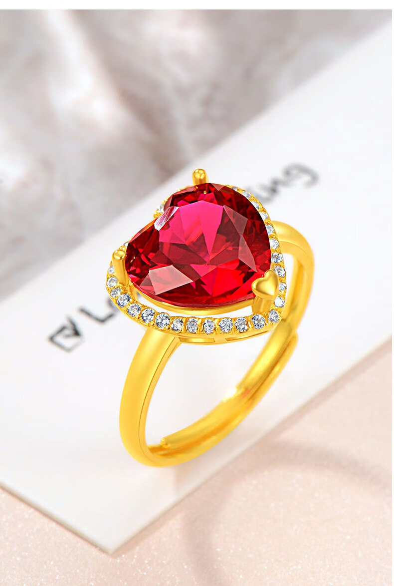 老凤凰999黄金戒指女款足金红宝石戒指活开口心形生日礼物送女友伊友