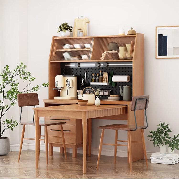 折叠桌 轻奢 餐边柜餐桌一体北欧小户型花园餐边柜餐桌一体樱桃木碗柜