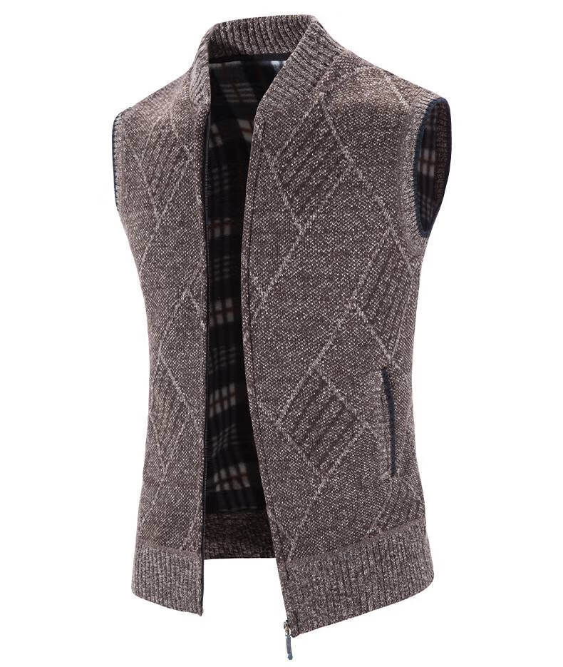 南极人秋冬背心男士针织中年男装坎肩圆领开衫大码方块加绒加厚马甲