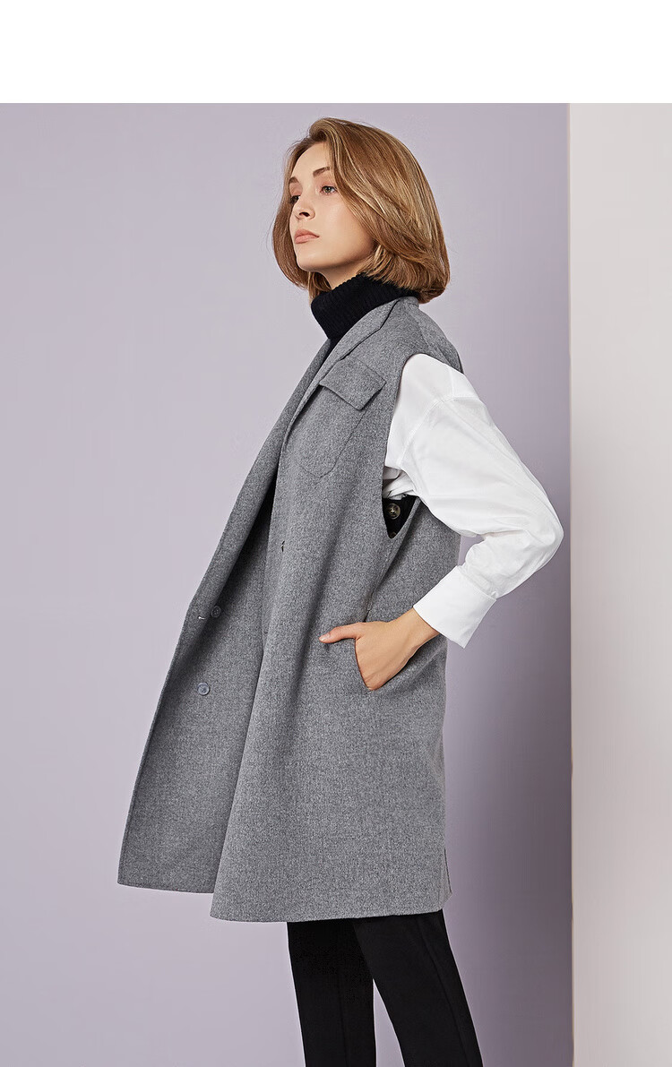 obeg欧碧倩秋冬装新款宽松长款斜门襟职场干练马甲1084016浅灰165m38