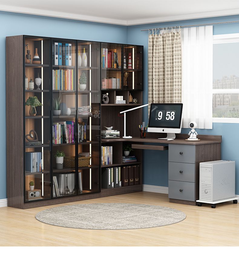 轻奢实木转角书桌书柜一体桌书架组合角落电脑桌台式写字桌家用定制专