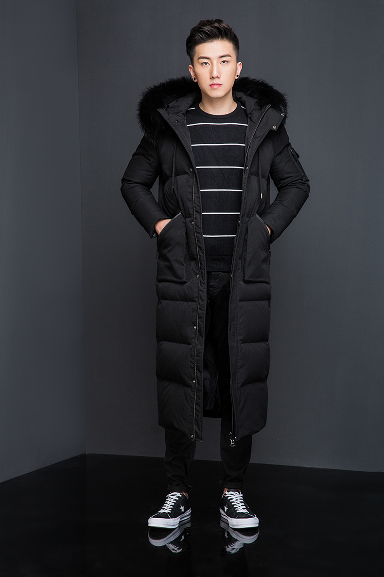 保暖的白鹅绒青少年长款羽绒服男长款过膝加厚冬季韩版连帽男士加长